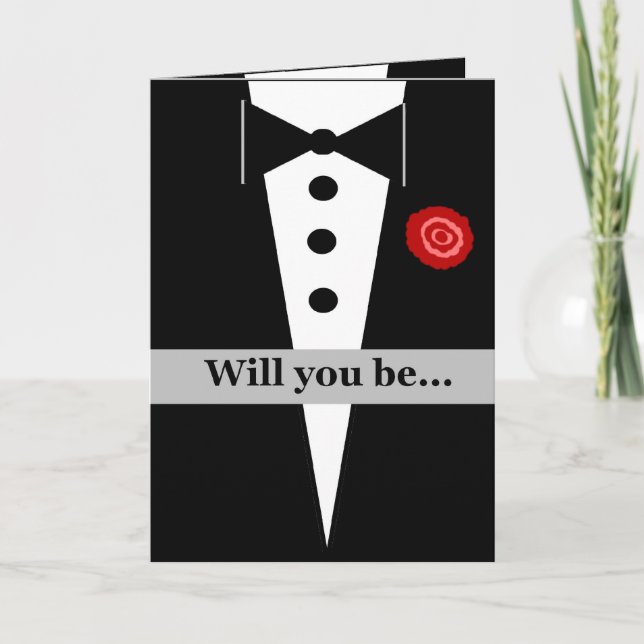 Be My Junior Groomsman Card with Tux and Rose (Front)