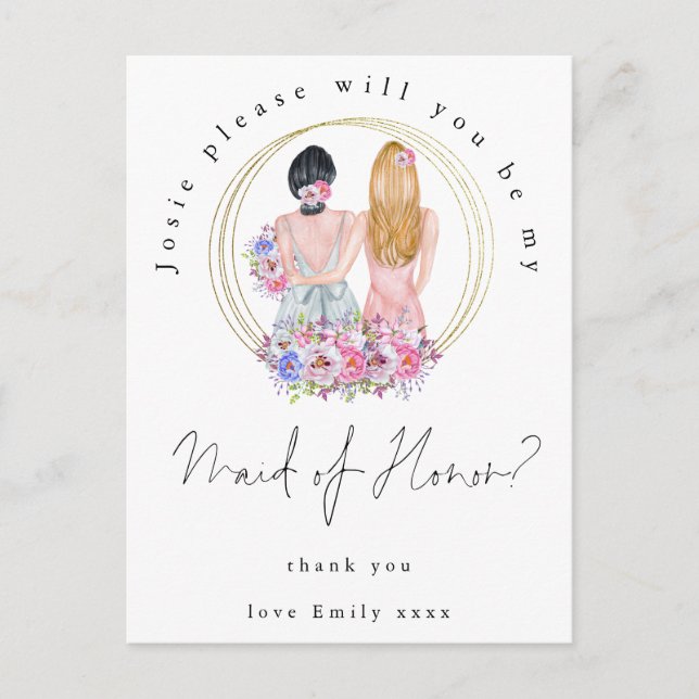 Be My Maid of Honor Blonde Brunette Girls Invitation Postcard (Front)