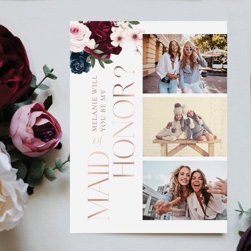 Be My Maid of Honor Burgundy  Navy Florals Photo Invitation Postcard