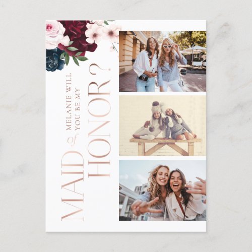 Be My Maid of Honor? Burgundy & Navy Florals Photo Invitation Postcard