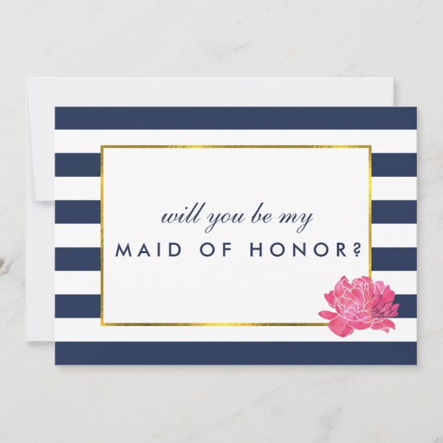 Be My Maid of Honor Card | Navy Stripe Pink Peony (Front)