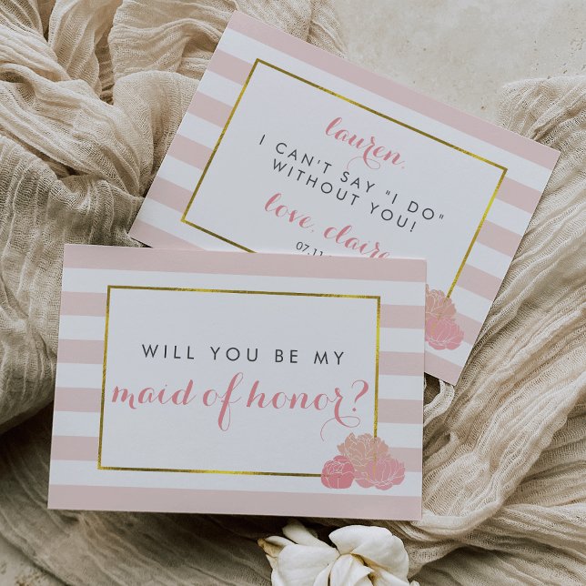 Be My Maid of Honor Card | Pink Stripe Blush Peony (Creator Uploaded)