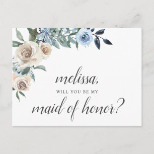 Be My Maid Of Honor Dusty Blue Flowers Boho Invitation Postcard