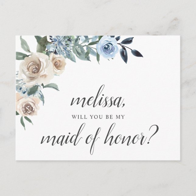 Be My Maid Of Honor Dusty Blue Flowers Boho Invitation Postcard (Front)