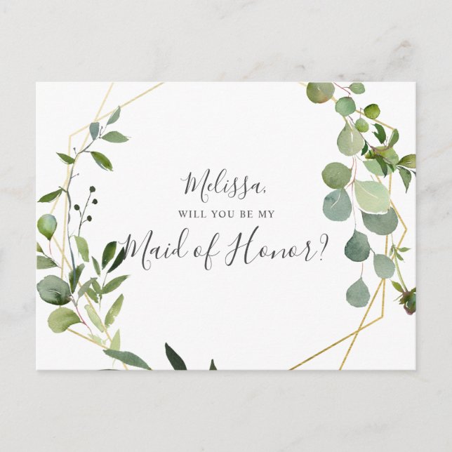 Be My Maid Of Honor Greenery Invitation Postcard (Front)