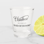 Be My Maid of Honor Handwritten Swash Calligraphy Shot Glass<br><div class="desc">Unique wedding attendant request in elegant handwritten script text. Fully customizable -- the swash accent CAN be edited for size, color, rotation and placement to accent any name. Click "Customize further" to make changes and create your own look. Please Note: This style has been set up for most names with...</div>