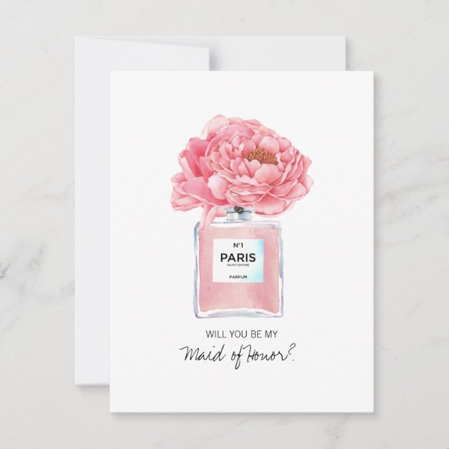 Be My Maid of Honor Pink Peonies and Perfume Card (Front)