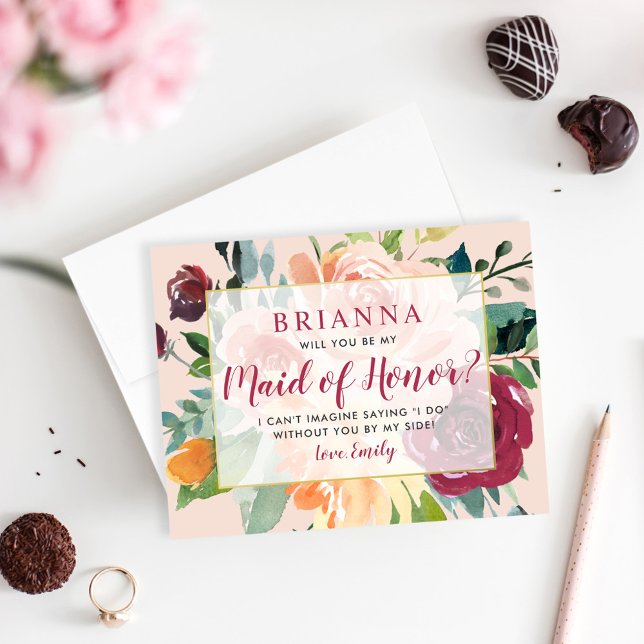 Be My Maid of Honor Rustic Burgundy Blush Wedding Invitation (Creator Uploaded)