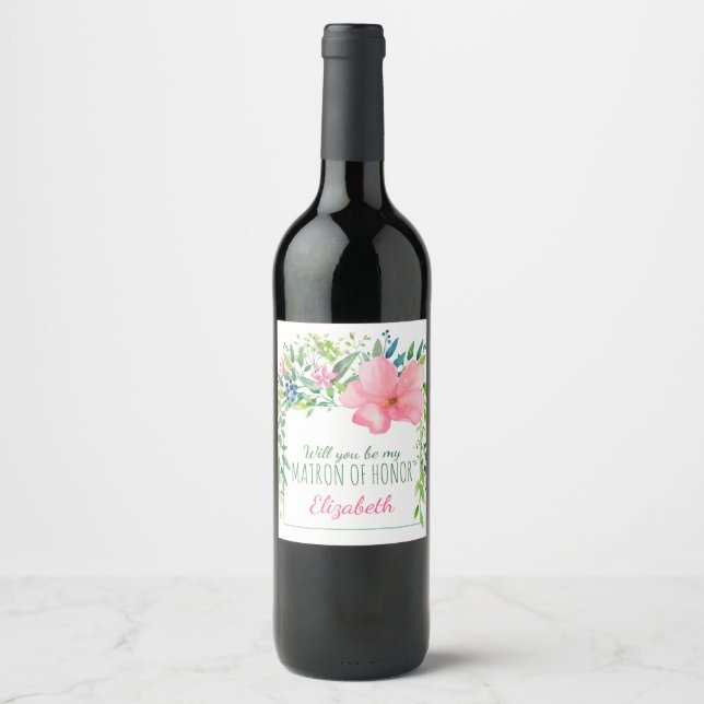 Be My Matron of Honor Botanicals Wine Label Set (Front)