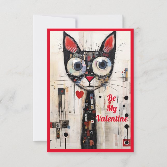 Be My Valentine Abstract Artistic Wide Eyed Cat  Thank You Card (Front)