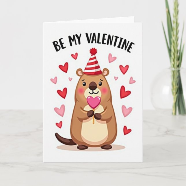 Be My Valentine Beaver Striped Card (Front)