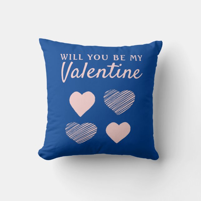 Be my Valentine Blue Pink Heart Valentine`s Day Throw Pillow (Front)