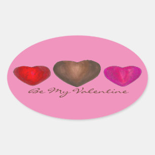 Be My Valentine Chocolate Pink Brown Candy Heart Oval Sticker
