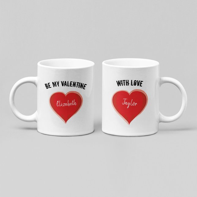 Be My Valentine Custom Name Heart  Coffee Mug (Personalized Valentine mug with red heart and custom names romantic couple gift design.)
