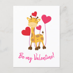 Be my Valentine cute Giraffe with balloons Holiday Postcard
