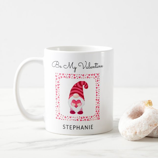 Be My Valentine Cute Gnome with Heart Personalized Coffee Mug (With Donut)