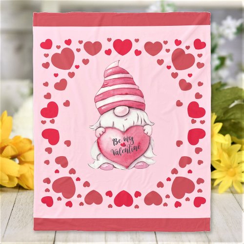 Be My Valentine Cute Pink Gnome Red Hearts Fleece Blanket