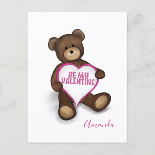 Be My Valentine Cute Teddy Bear and Heart Postcard