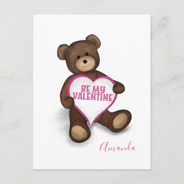 Be My Valentine Cute Teddy Bear and Heart Postcard (Front)