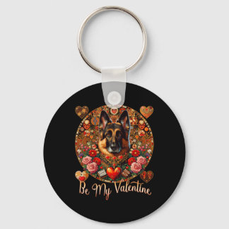 Be My Valentine Dog Flower Red Heart Day- German S Keychain