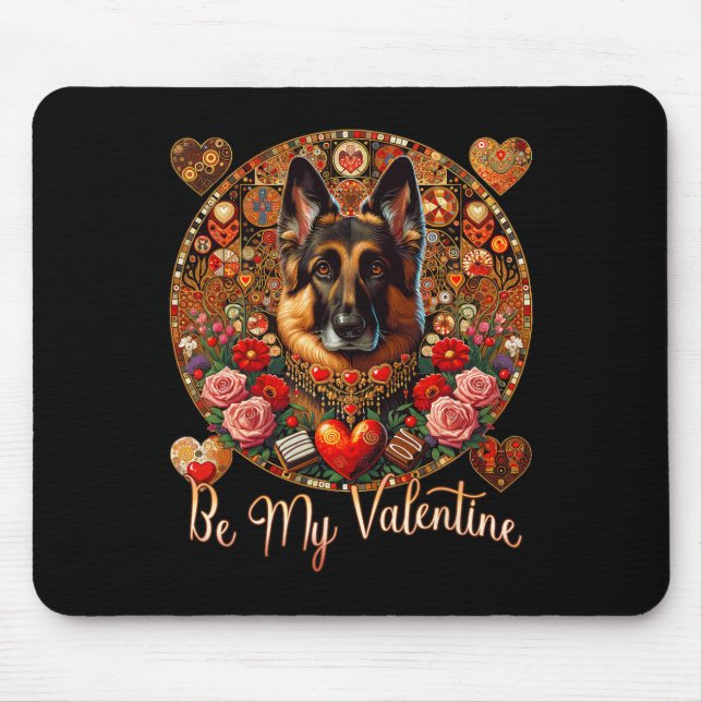 Be My Valentine Dog Flower Red Heart Day- German S Mouse Pad (Front)