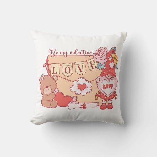 Be My Valentine Gnome And Teddy Bear Throw Pillow