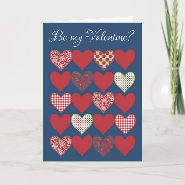 Be my Valentine Greeting Card, Hearts and Roses Holiday Card (Front)