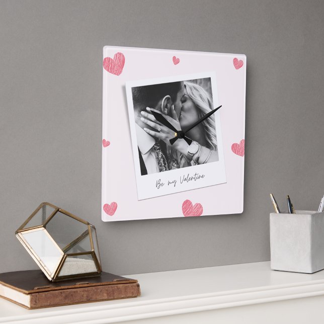 Be My Valentine | personalized Photo | Red heart  Square Wall Clock (Creator Uploaded)
