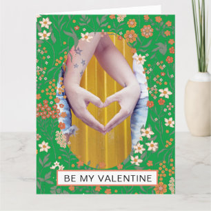 BE MY VALENTINE Photo in Oval Flower Wreath Card