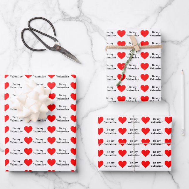 Be My Valentine Red Heart Love Wrapping Paper Sheets (Front)