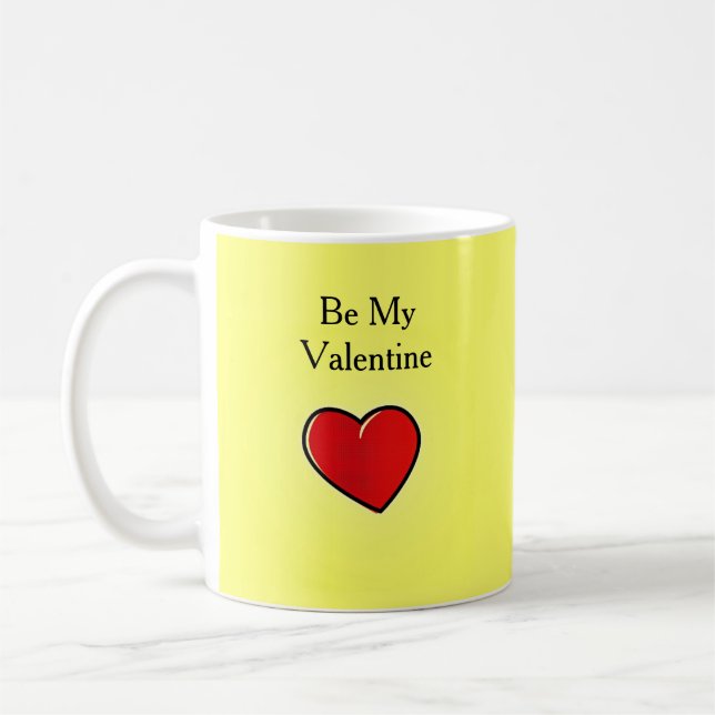 Be my valentine red heart on yellow coffee mug (Left)