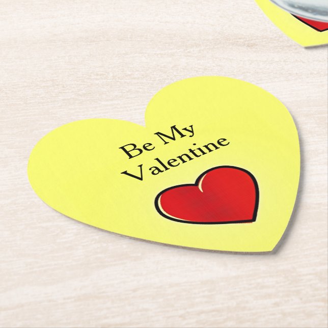 Be my valentine red heart on yellow paper coaster (Angled)
