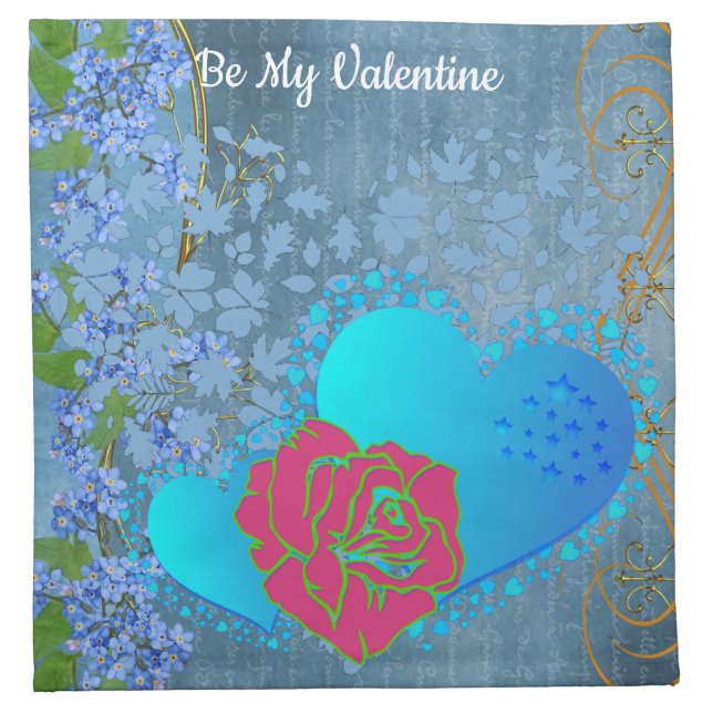 Be My Valentine Romantic Rose Sweeping Heart Blue  Cloth Napkin (Front)