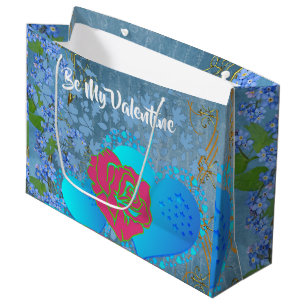 Be My Valentine Romantic Rose Sweeping Heart Blue Large Gift Bag