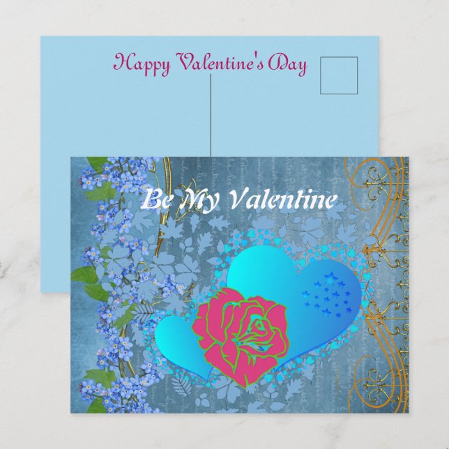 Be My Valentine Romantic Rose Sweeping Heart Blue  Postcard (Front/Back)