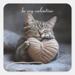 Be My Valentine Tabby Cat Yarn Heart Square Sticker