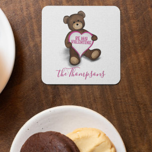 Be My Valentine Teddy Bear Personalized Square Paper Coaster