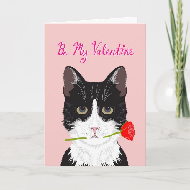 Be My Valentine - Tuxedo cat with rose card (Front)