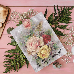 Be My Valentine Vintage Floral Bouquet Lilac Roses Holiday Postcard