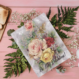 Be My Valentine Vintage Floral Bouquet Lilac Roses Holiday Postcard