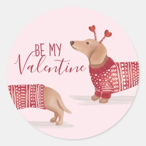 Be My Valentine Watercolor Dachshund Dog Pink Classic Round Sticker
