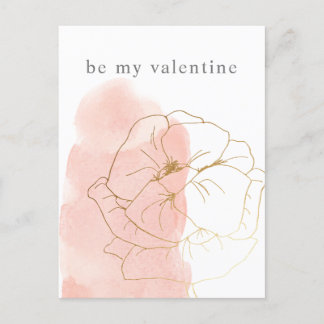 Be my Valentine Watercolor Pink Gold Flower Holiday Postcard