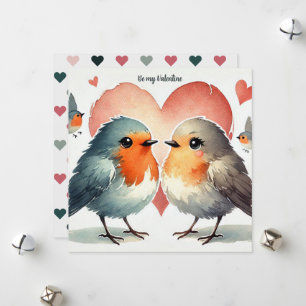 "Be My Valentine" Watercolor  Robin Hearts Holiday Card