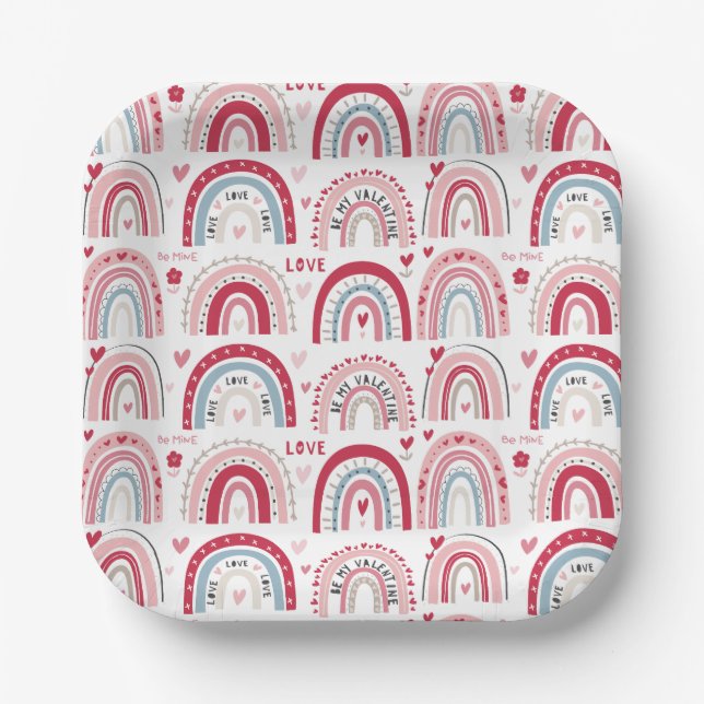 Be My Valentines Day Rainbow Square  Paper Plates (Front)