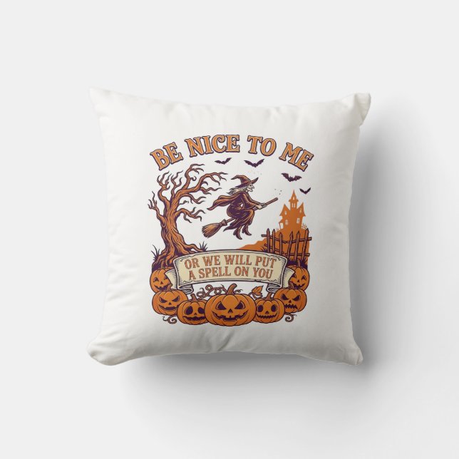 Be Nice Me Halloween Witch Broom Pumpkins_1 Throw Pillow (Front)