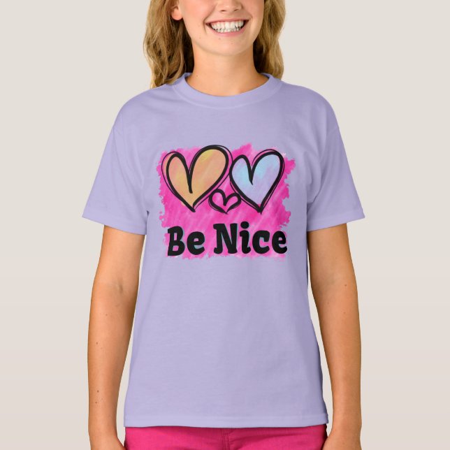 Be Nice Watercolor Hearts T-Shirt (Front)