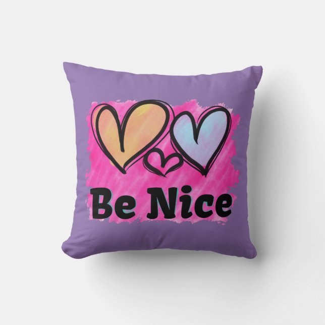 Be Nice Watercolor Hearts Throw Pillow (Front)