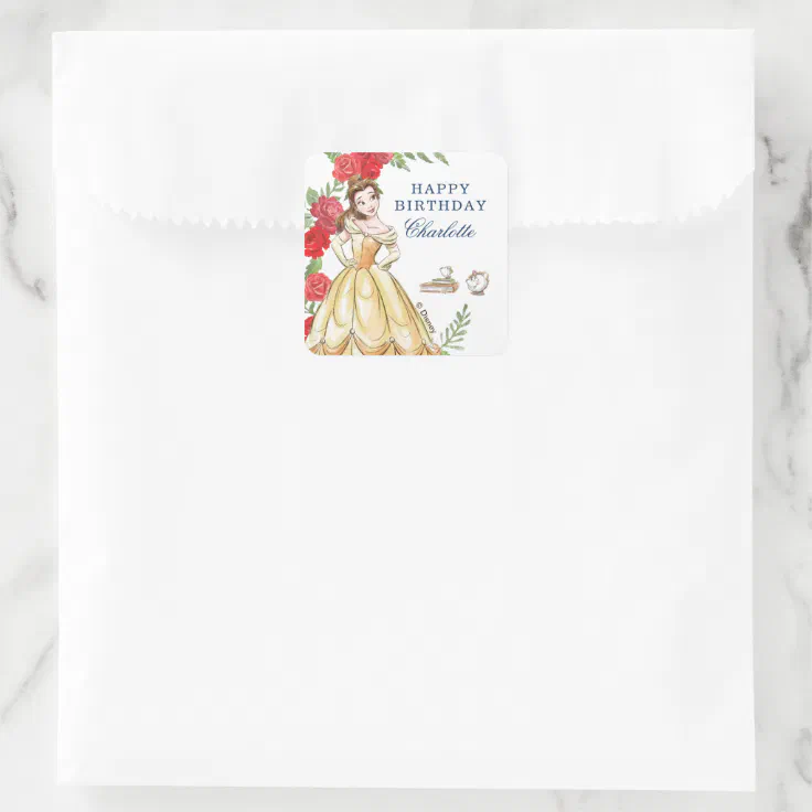 Be Our Guest Belle Birthday Square Sticker | Zazzle