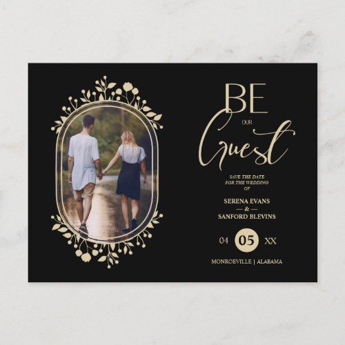 Be our Guest Black Wedding Chic Floral Frame Photo Announcement Postcard