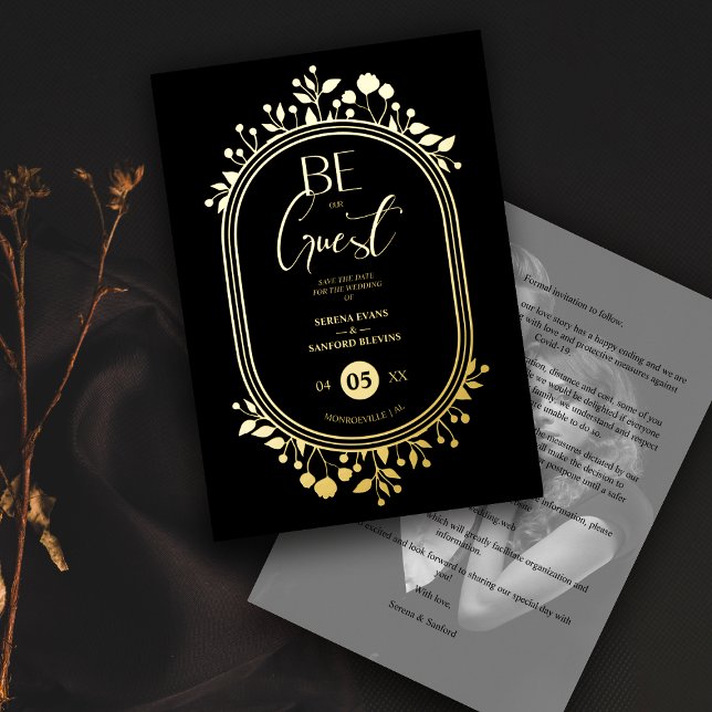 Be our Guest Black Wedding Fancy Frame Branches Foil Invitation (Creator Uploaded)
